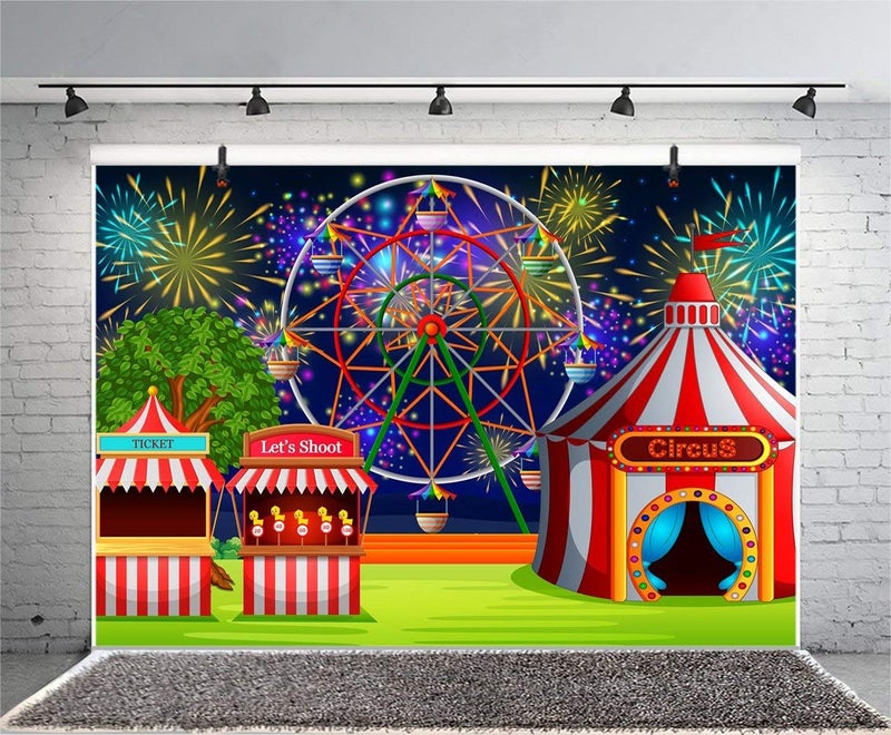 AOFOTO 7x5ft Fairground Circus Tent Backdrop Cartoon Amusement Park Ferris Wheel Fireworks Photography Background Playground Childhood Fun Carnival Party Decoration Studio Props Kid Vinyl Wallpaper - Image 4